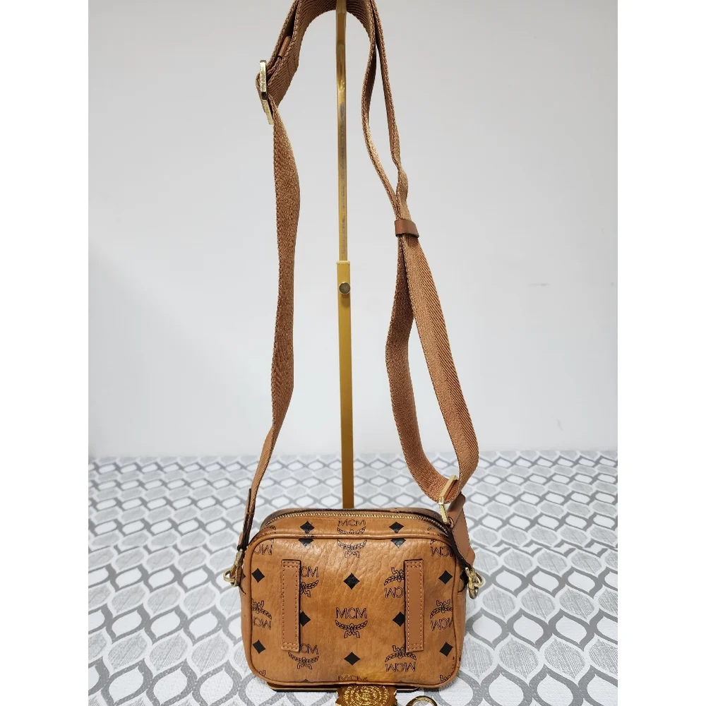 MCM Visetos Mini Leather Aren Crossbody Bag Brown